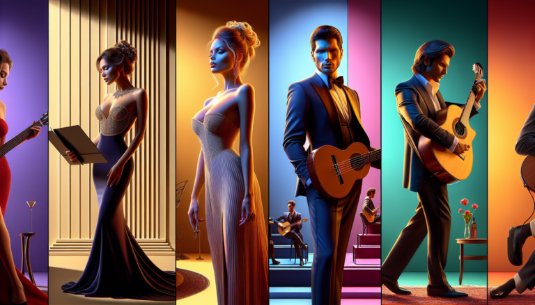 Créer collage chanteurs français Lara Fabian, Laurent Voulzy, Léo Ferré. Mise en scène unique reflétant leur style musical distinct.
